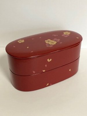 画像2: 『桜ふぶき蒔絵・漆塗り二段弁当箱』小判型